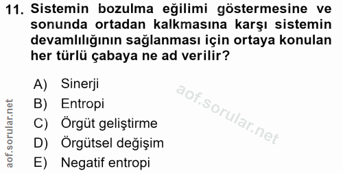 11. soru: Sistemin bozulma eğilimi göstermesine ve sonunda ortadan kalkmasına karşı sistemin devamlılığının sağlanması için ort…