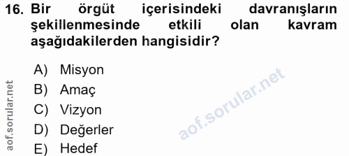 16. soru: Bir örgüt içerisindeki davranışların şekillenmesinde etkili olan kavram aşağıdakilerden hangisidir? A) Misyon B) Amaç…