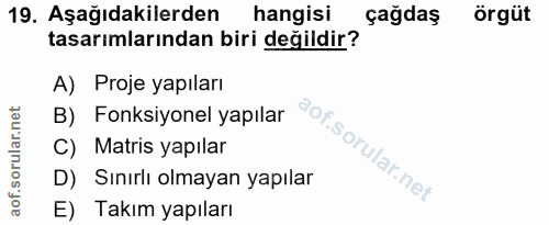 19. soru: Aşağıdakilerden hangisi çağdaş örgüt tasarımlarından biri değildir? A) Proje yapıları B) Fonksiyonel yapılar C) Matri…