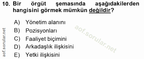 10. soru: Bir örgüt şemasında aşağıdakilerden hangisini görmek mümkün değildir? Yönetim alanını B) Pozisyonları C) Faaliyet biç…