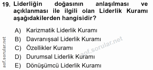 19. soru: Liderliğin doğasının anlaşılması ve açıklanması ile ilgili olan Liderlik Kuramı aşağıdakilerden hangisidir? A) Karizm…