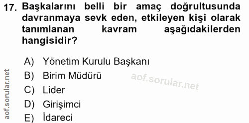 17. soru: Başkalarını belli bir amaç doğrultusunda davranmaya sevk eden, etkileyen kişi olarak tanimlanan kavram aşağıdakilerde…