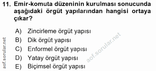 11. soru: Emir-komuta düzeninin kurulması sonucunda aşağıdaki örgüt yapılarından hangisi ortaya çıkar? A) Zincirleme örgüt yapı…