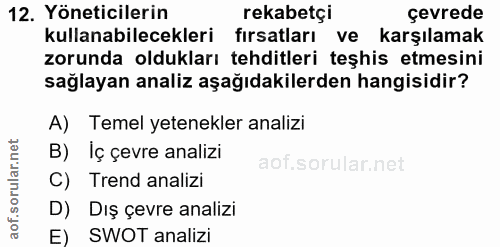 12. soru: Yöneticilerin rekabetçi çevrede kullanabilecekleri fırsatları ve karşılamak zorunda oldukları tehditleri teşhis etmes…