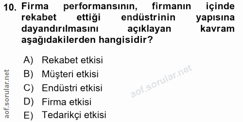 10. soru: Firma performansinin, firmanın içinde rekabet ettiği endüstrinin yapısına dayandırılmasını açıklayan kavram aşağıdaki…