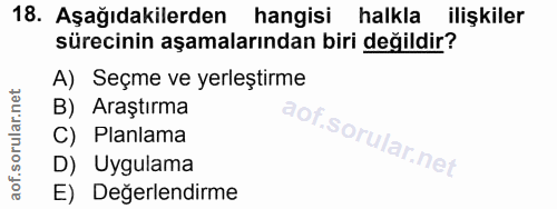 18. soru: Aşağıdakilerden hangisi halkla ilişkiler sürecinin aşamalarından biri değildir? A) Seçme ve yerleştirme B) Araştırma…