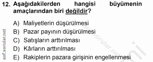 12. soru: Aşağıdakilerden hangisi büyümenin amaçlarından biri değildir? A) Maliyetlerin düşürülmesi B) Pazar payının düşürülmes…