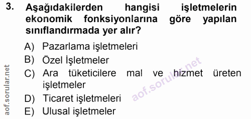 3. soru: Aşağıdakilerden hangisi işletmelerin ekonomik fonksiyonlarına göre yapılan sinıflandırmada yer alır? A) Pazarlama işl…