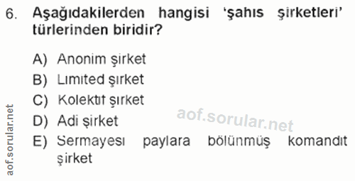 6. soru: Aşağıdakilerden hangisi 'şahıs şirketleri' türlerinden biridir? A) Anonim şirket B) Limited şırket C) Kolektıt şırket…