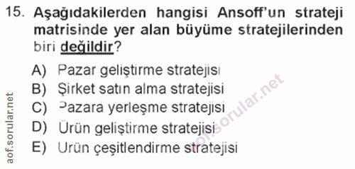 15. soru: Aşağıdakilerden hangisi Ansoff'un strateji matrisinde yer alan büyüme stratejilerinden biri değildir? A) Pazar gelişt…