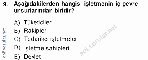 9. soru: Aşağıdakilerden hangisi işletmenin iç çevre unsurlarından biridir? A) Tüketiciler B) Rakipler f. C) Tedarikçi işletme…