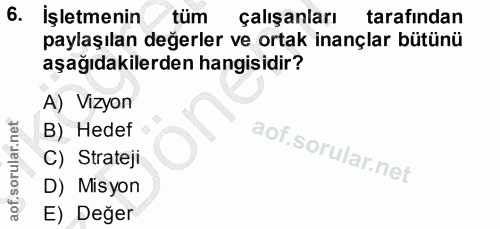 6. soru: İşletmenin tüm çalışanları tarafindan paylaşılan değerler ve ortak inançlar bütünü aşağıdakilerden hangisidir? A) Viz…