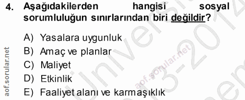 4. soru: Aşağıdakilerden hangisi sosyal sorumluluğun sınırlarından biri değildir? A) Yasalara uygunluk B) Amaç ve planlar rula…