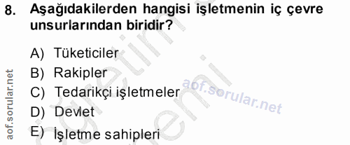 8. soru: Aşağıdakilerden hangisi işletmenin iç çevre unsurlarından biridir? A) Tüketiciler B) Rakipler C) Tedarikçi işletmeler…