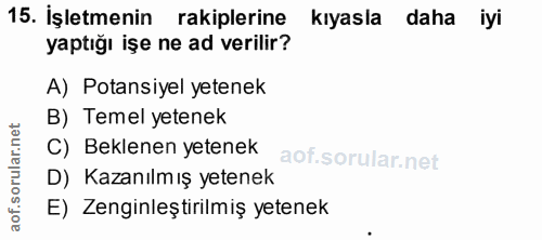 15. soru: İşletmenin rakiplerine kıyasla daha iyi yaptığı işe ne ad verilir? A) Potansiyel yetenek B) Temel yetenek C) Beklenen…