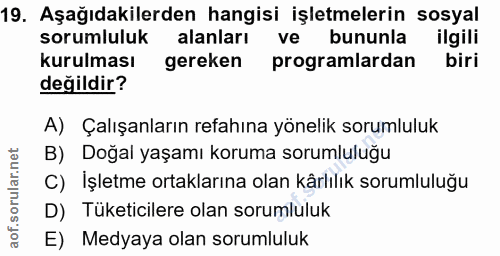 19. soru: Aşağıdakilerden hangisi işletmelerin sosyal sorumluluk alanları ve bununla ilgili kurulması gereken programlardan bir…