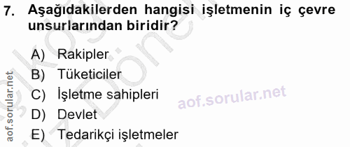 7. soru: Aşağıdakilerden hangisi işletmenin iç çevre unsurlarından biridir? A) Rakipler B) Tüketiciler C) Işletme sahipleri D)…