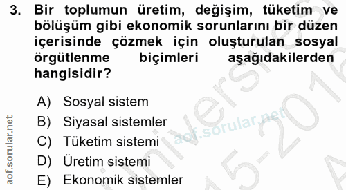3. soru: Bir toplumun üretim, değişim, tüketim ve bölüşüm gibi ekonomik sorunlarını bir düzen içerisinde çözmek için oluşturul…