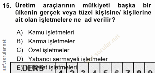 15. soru: Üretim araçlarının mülkiyeti başka bir ülkenin gerçek veya tüzel kişisine/ kişilerine ait olan işletmelere ne ad veri…