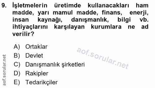 9. soru: İşletmelerin üretimde kullanacakları ham madde, yarı mamul madde, finans, enerji, insan kaynağı, danışmanlık, bilgi v…