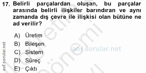 17. soru: Belirli parçalardan oluşan, bu parçalar arasında belirli ilişkiler barındıran ve aynı zamanda dış çevre ile ilişkisi…