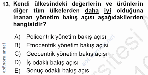 13. soru: Kendi ülkesindeki değerlerin ve ürünlerin diğer tüm ülkelerden daha iyi olduğuna inanan yönetim bakış açısı aşağıdaki…