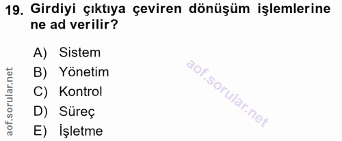 19. soru: Girdiyi çıktıya çeviren dönüşüm işlemlerine ne ad verilir? A) Sistem B) Yönetim C) Kontrol D) Süreç E) İşletme