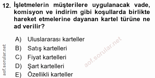 12. soru: İşletmelerin müşterilere uygulanacak vade, komisyon ve indirim gibi koşullarda birlikte hareket etmelerine dayanan ka…