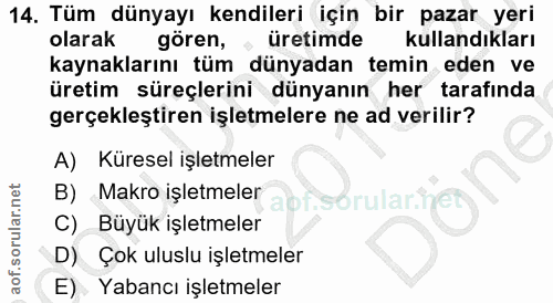14. soru: Tüm dünyayı kendileri için bir pazar yeri olarak gören, , üretimde kullandıkları kaynaklarını tüm dünyadan temin eden…