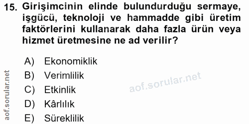 15. soru: Girişimcinin elinde bulundurduğu sermaye, işgücü, teknoloji ve hammadde gibi üretim faktörlerini kullanarak daha fazl…
