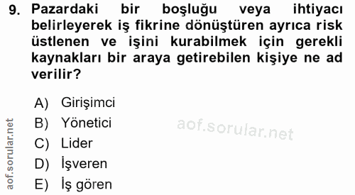 9. soru: Pazardaki bir boşluğu veya ihtiyacı belirleyerek iş fikrine dönüştüren ayrıca risk üstlenen ve işini kurabilmek için…