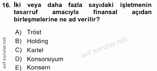 16. soru: İki veya daha fazla sayıdaki işletmenin tasarruf amaciyla finansal açıdan birleşmelerine ne ad verilir? A) Tröst B) H…