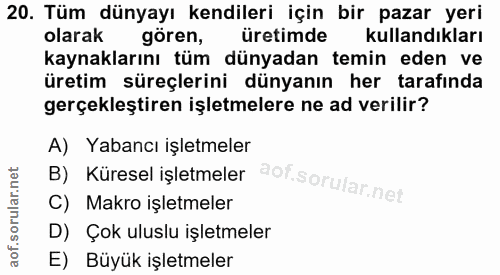 20. soru: Tüm dünyayı kendileri için bir pazar yeri olarak gören, üretimde kullandıkları kaynaklarını tüm dünyadan temin eden v…