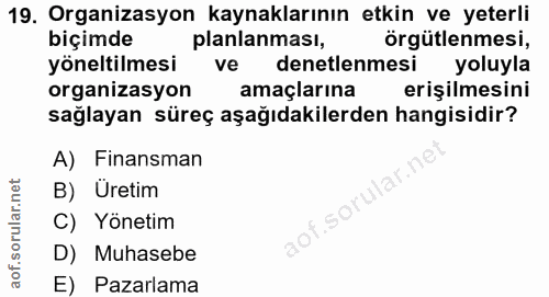 19. soru: Organizasyon kaynaklarının etkin ve yeterli biçimde planlanması, örgütlenmesi, yöneltilmesi ve denetlenmesi yoluyla o…