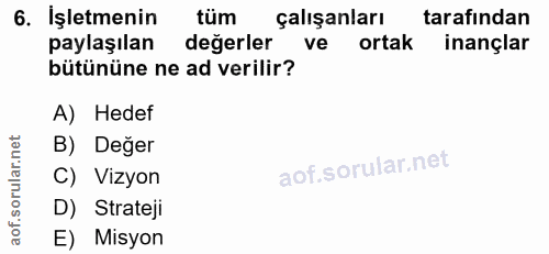 6. soru: İşletmenin tum çalışanları tarafından paylaşılan değerler ve ortak inançlar bütününe ne ad verilir? A) Hedef B) Değer…