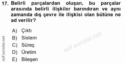 17. soru: Belirli parçalardan oluşan, bu parçalar arasında belirli ilişkiler barındıran ve aynı zamanda dış çevre ile ilişkisi…