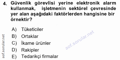4. soru: Güvenlik görevlisi yerine elektronik alarm Kullanmak, işletmenin sektörel çevresinde yer alan aşağıdakı faktorlerden…