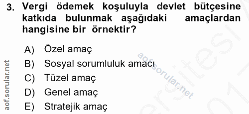 3. soru: Vergi ödemek koşuluyla devlet bütçesine katkıda bulunmak aşağıdaki amaçlardan hangisine bir örnektir? A) Özel amaç B)…