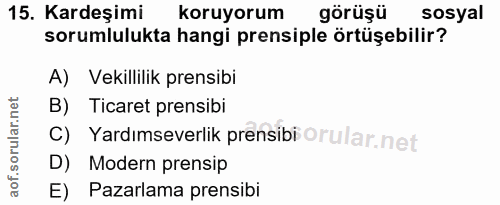 15. soru: Kardeşimi koruyorum görüşü sosyal sorumlulukta hangi prensiple örtüşebilir? A) Vekillilik prensibi B) Ticaret prensib…