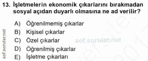 13. soru: İşletmelerin ekonomik çıkarlarını bırakmadan sosyal açıdan duyarlı olmasına ne ad verilir? A) Öğrenilmemiş çıkarlar B…