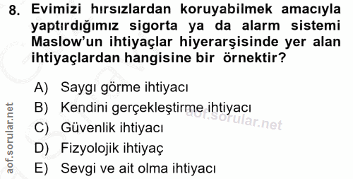 8. soru: Evimizi hırsızlardan koruyabilmek amacıyla yaptırdığımız sigorta ya da alarm sistemi Maslow'un ihtiyaçlar hiyerarşisi…