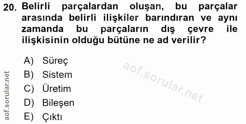 20. soru: Belirli parçalardan oluşan, bu parçalar arasında belirli ilişkiler barındıran ve aynı zamanda bu parçaların dış çevre…