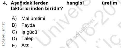 4. soru: Aşağıdakilerden hangisi üretim faktörlerinden biridir? A) Mal üretimi B) Fayda Unive C) Iş gücü sorulá) D) Talep E) Arz
