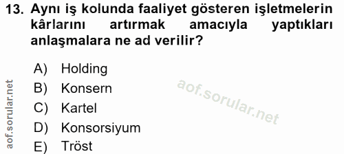 13. soru: Aynı iş kolunda faaliyet gösteren işletmelerin kârlarını artırmak amacıyla yaptıkları anlaşmalara ne ad verilir? A) H…