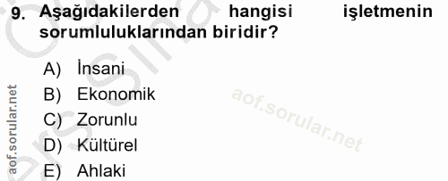 9. soru: Aşağıdakilerden hangisi işletmenin sorumluluklarından biridir? A) Insani B) Ekonomik C) Zorunlu D) Kültürel E) Ahlaki
