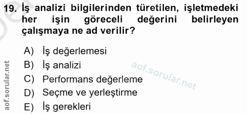 19. soru: Iş analizi bilgilerinden türetilen, işletmedeki her işin göreceli değerini belirleyen çalışmaya ne ad verilir? A) İş…