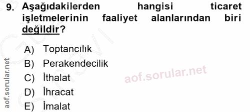 9. soru: Aşağıdakilerden hangisi ticaret işletmelerinin faaliyet alanlarından biri değildir? A) Toptancılık B) Perakendecilik…