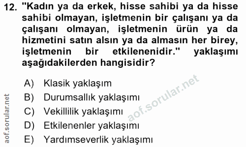 12. soru: "Kadın ya da erkek, hisse sahibi ya da hisse sahibi olmayan, işletmenin bir çalışanı ya da çalışanı olmayan, işletmen…