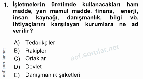 1. soru: İşletmelerin üretimde kullanacakları ham madde, yarı mamul madde, finans, enerji, insan kaynağı, danışmanlık, bilgi v…