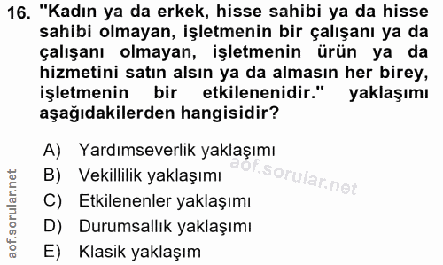 16. soru: "Kadın ya da erkek, hisse sahibi ya da hisse sahibi olmayan, işletmenin bir çalışanı ya da çalışanı olmayan, işletmen…